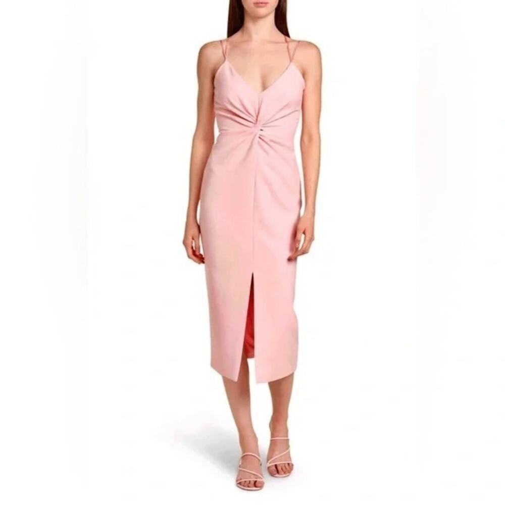 Cinq a Sept Melby Twist Front Pink Midi Dress Front Slit Sleeveless V-Neckline